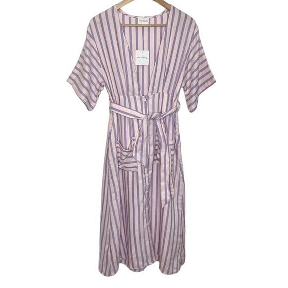 Love + Harmony Women's Midi Dress Size Medium Pink Purple Striped Deep V Neck - Picture 1 of 11